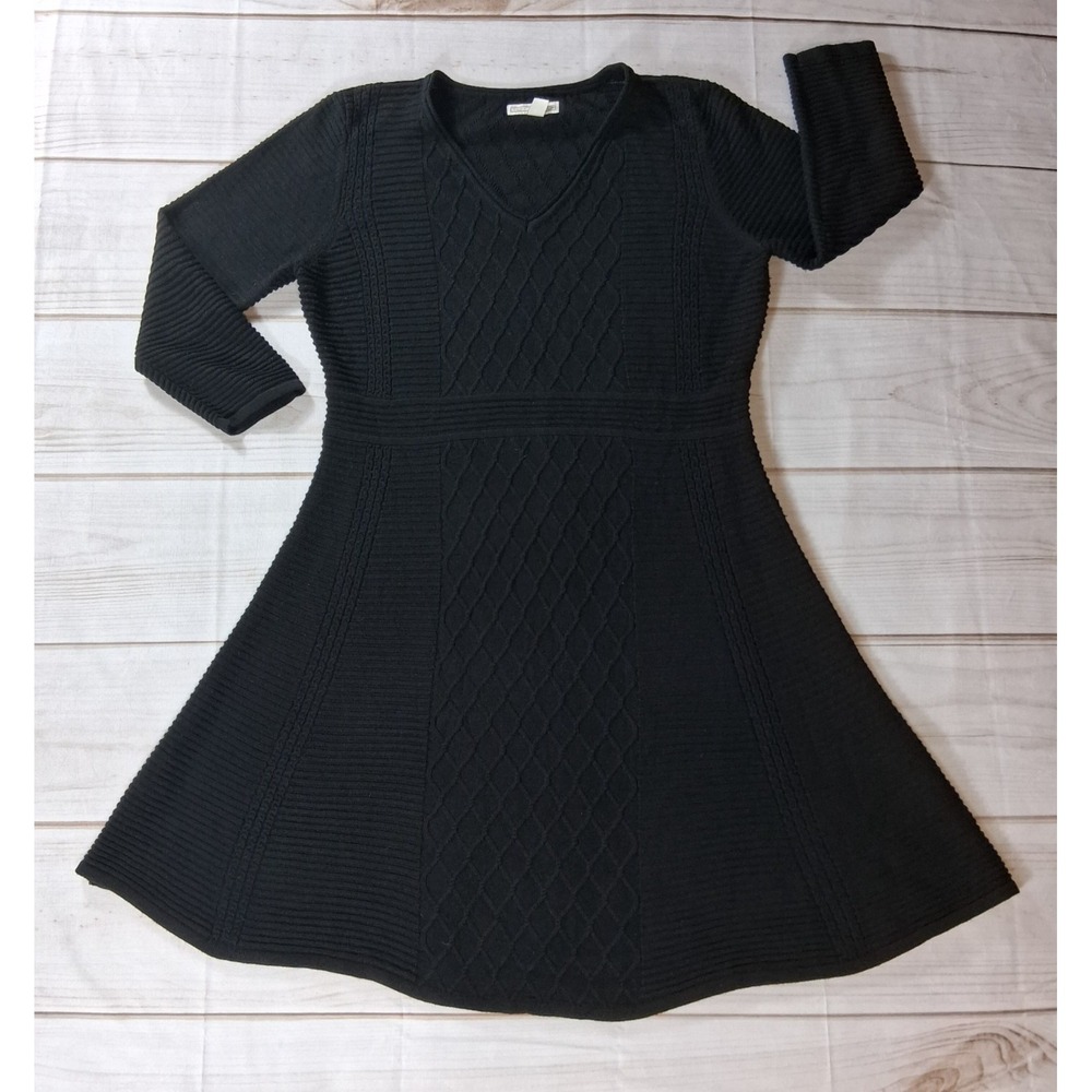Dana Buchman Vintage Black Cable Knit Sweater Dress Womens L V-Neck 3/4 Sleeve